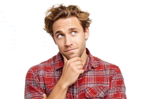 Man in thoughtful pose on white background studio portrait photo