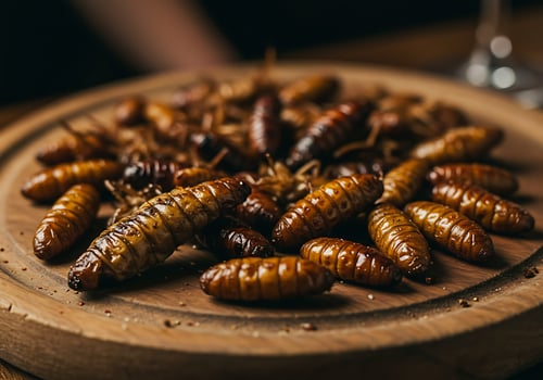 Close up of a plate of insects on a wooden table photo