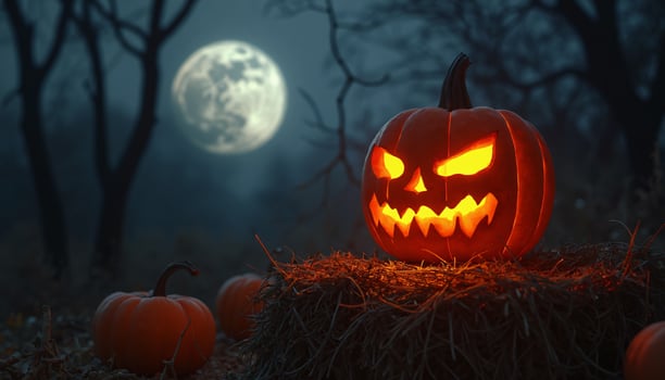 Halloween pumpkins with scary faces in the dark photo