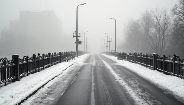 Foggy Bridge with Snow and Streetlights photo