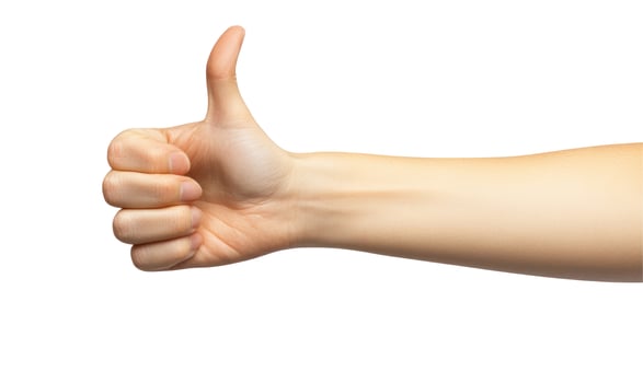 Human hand gesturing thumbs up on white background for approval and positive communication photo