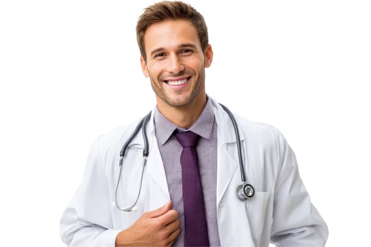 Healthcare professional smiling portrait in white coat with stethoscope photo
