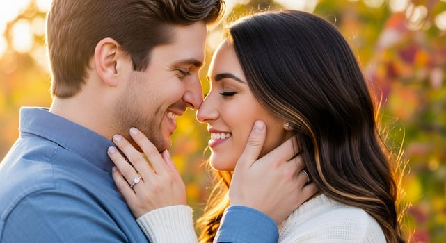 A couple embracing in front of a fall foliage photo
