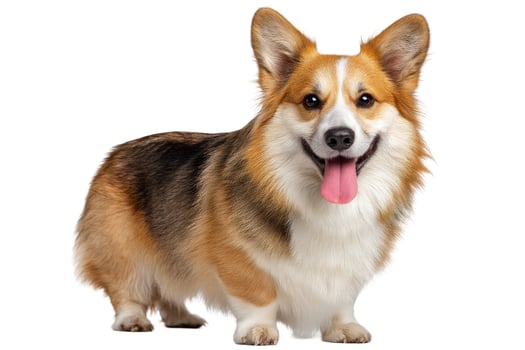 Happy dog with tongue out smiling on isolated white background photo