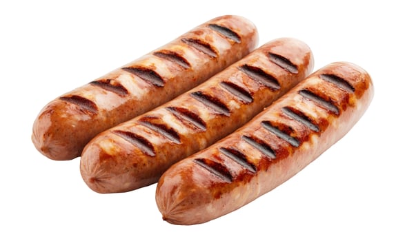 Grilled sausage platter cooked meat against plain backdrop overhead studio shot photo