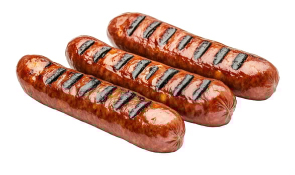 Grilled sausages close up isolated on white background food photography photo