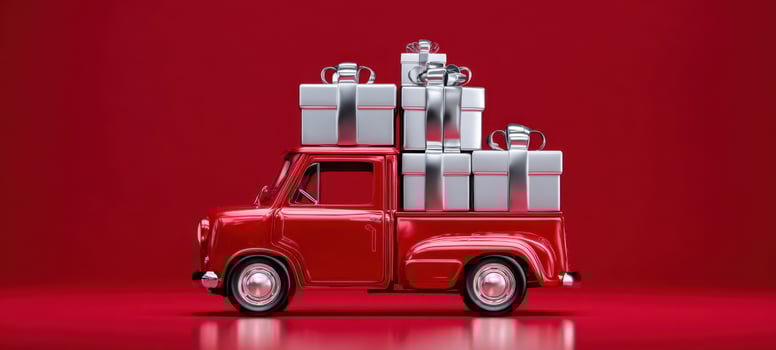 The cheerful red truck loaded with shiny silver presents and gifts. photo