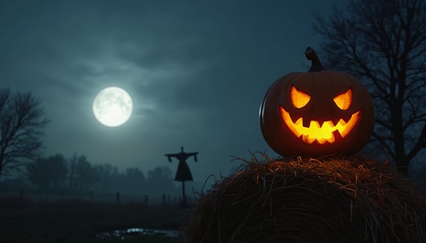Halloween pumpkin with scary face on it in the dark photo