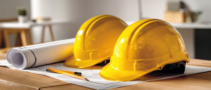 The yellow hard hats resting on blueprints in a modern workspace photo