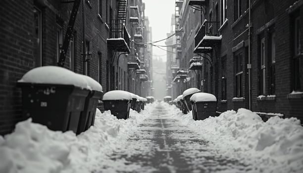 A black and white photo of a narrow alley covered in snow