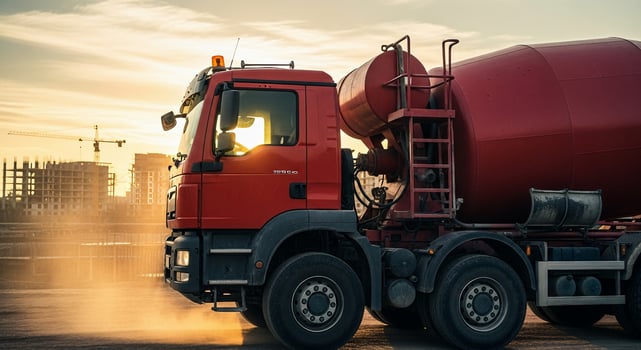 A cement mixer truck is driving down the road photo