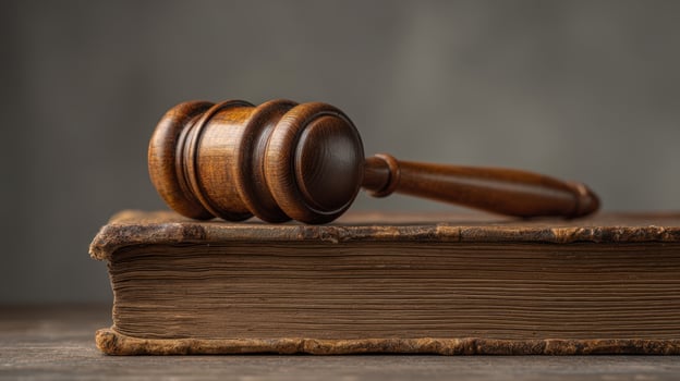 The gavel resting on a vintage law book symbolizing justice and authority. photo