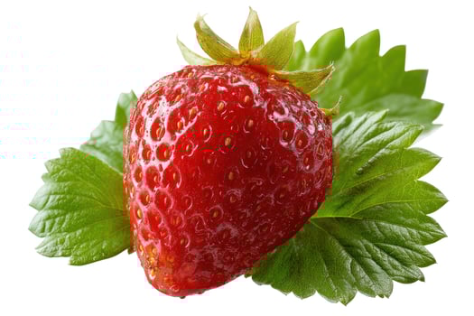 A strawberry is shown with leaves on it photo