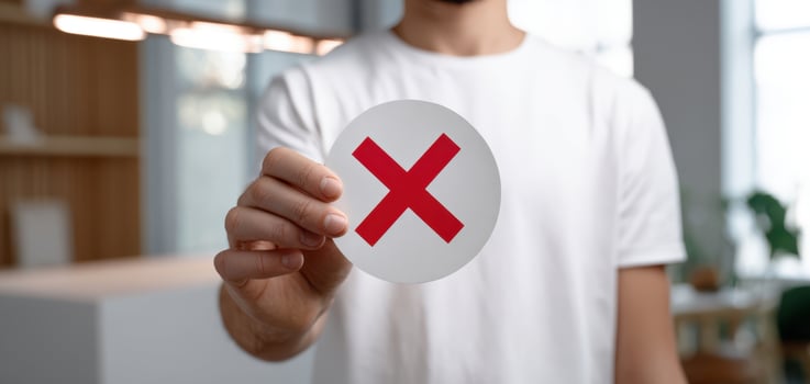 The individual holding a rejection sign in a modern indoor environment. photo