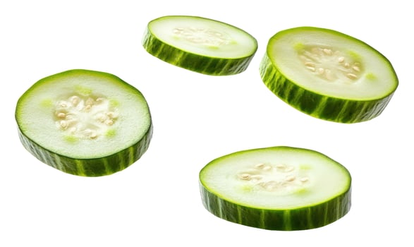 Fresh green cucumber slices isolated on white background for culinary or healthy eating concepts photo