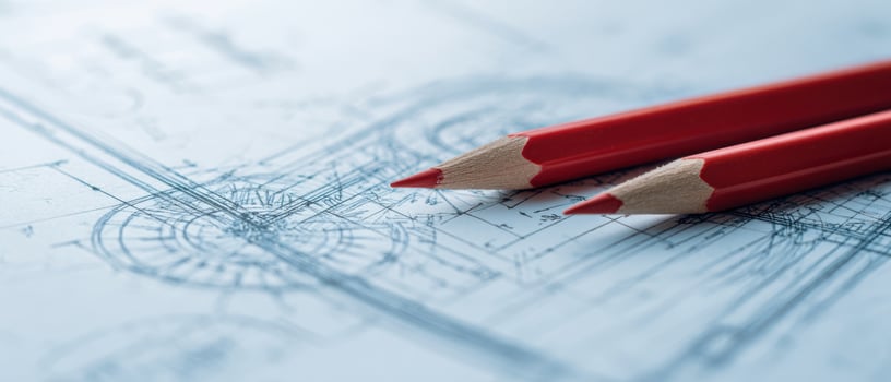 The red pencils resting atop detailed architectural blueprints. photo