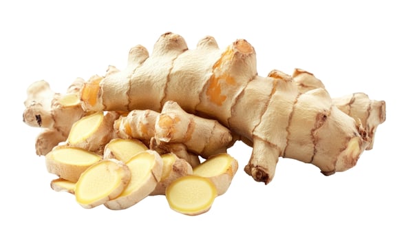 Fresh ginger root and slices isolated on white background food ingredient photo