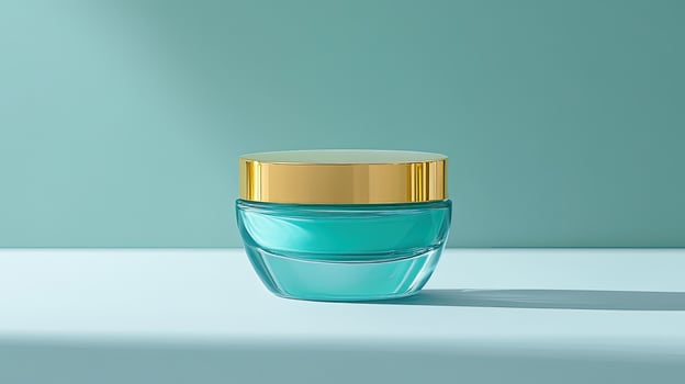 Teal cream jar with golden lid sits on a light blue surface near a wall photo
