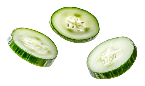 Fresh cucumber slices displayed on white background ingredient preparation photo
