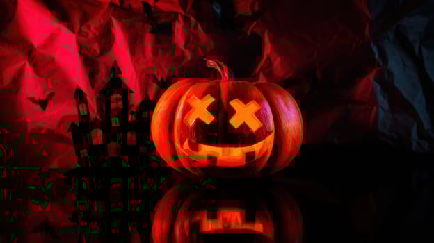 The carved pumpkin with a playful face illuminated against a dark background. photo