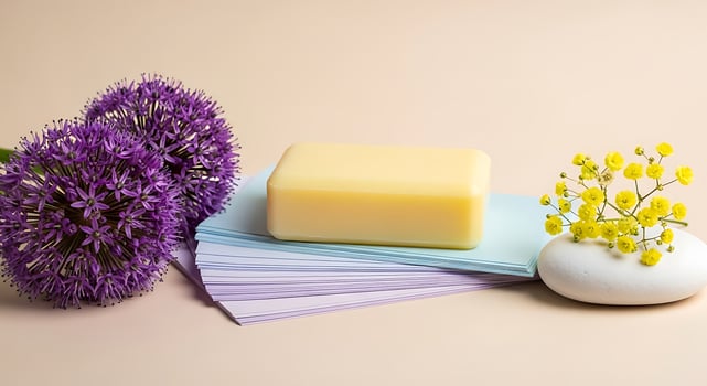A bar of soap rests on decorative paper with purple allium flowers and delicate yellow babys breath flowers photo