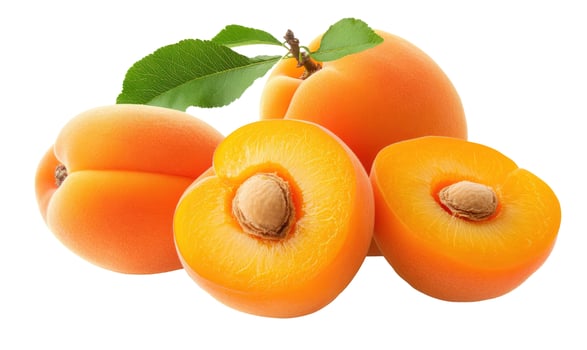 Fresh apricot still life with halves and leaves on white background photo