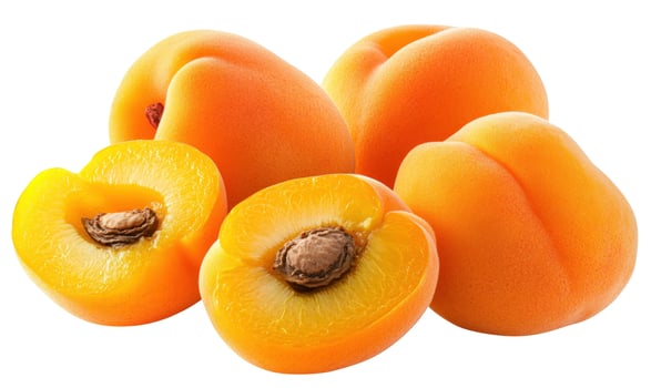 Fresh apricot fruit display with cut slices on white background photo