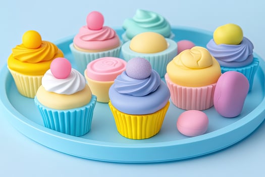 Assorted colorful cupcakes are arranged on the round blue plate with pastel background color photo
