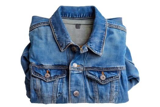 Folded denim jacket on white seamless backdrop clothing apparel photo