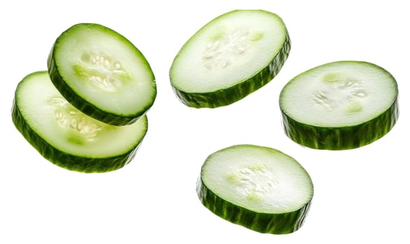 Cucumber slices fresh vegetable ingredient isolated on white overhead studio shot photo