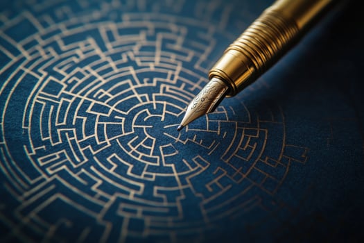 Golden fountain pen rests upon an intricate blue maze background close up photo