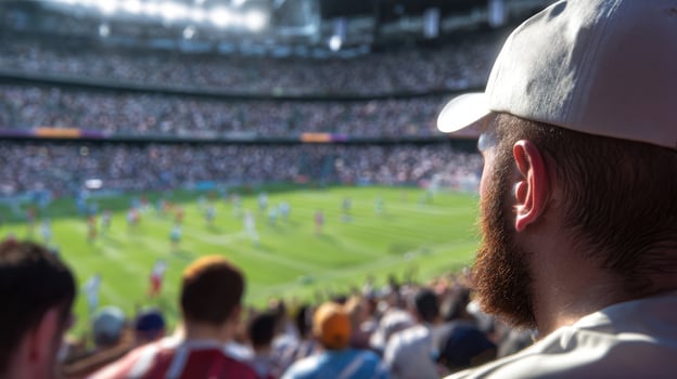 The Enthusiastic Fan Watching an Exciting Football Match in a Packed Stadium photo