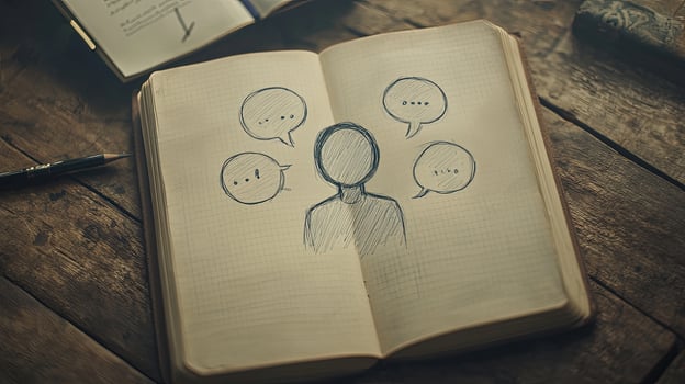 Hand drawn sketch of faceless person with speech bubbles fills open notebook photo