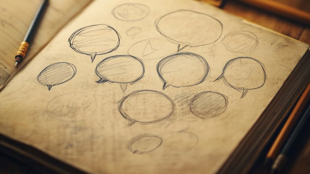 Open sketchpad showcases various speech bubble sketches accompanied by a pen laying close to the journal photo