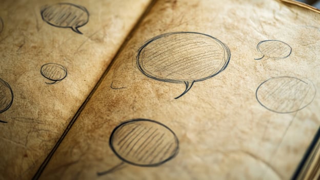 Aged book displays handdrawn speech bubbles sketched across its yellowed pages, inviting thoughts photo