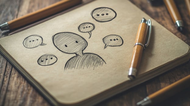 Sketchbook displays pencil drawing of abstract person surrounded by speech bubbles on a wooden table photo