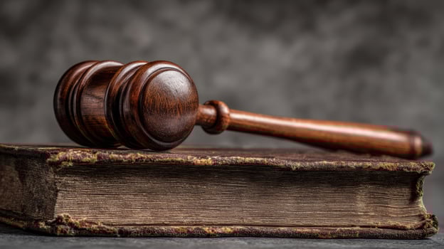 The wooden gavel resting on a vintage law book symbolizing justice and authority. photo