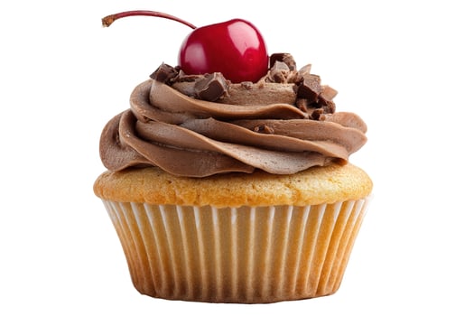 Chocolate frosted cupcake topped with cherry isolated on white background photo