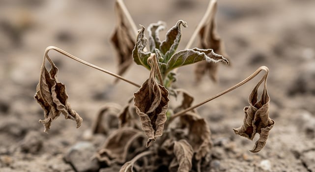 A plant with dried leaves is growing in the dirt photo
