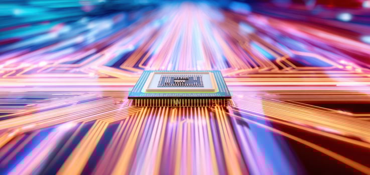 The vibrant microchip surrounded by colorful light trails illustrating technology advancement. photo