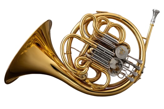 Brass french horn musical instrument isolated on white background photo