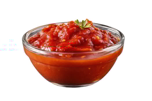Bowl of fresh tomato sauce with herb garnishing for culinary use photo
