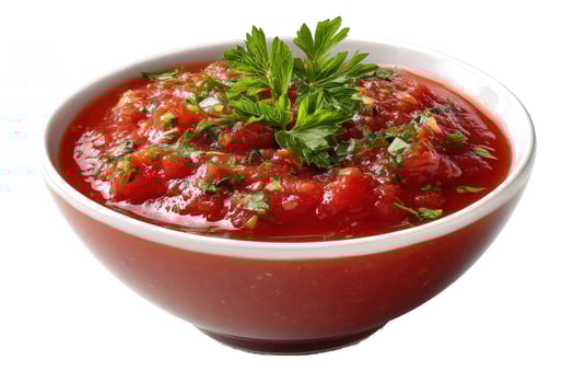 Bowl of fresh tomato sauce topped with parsley overhead food photography photo