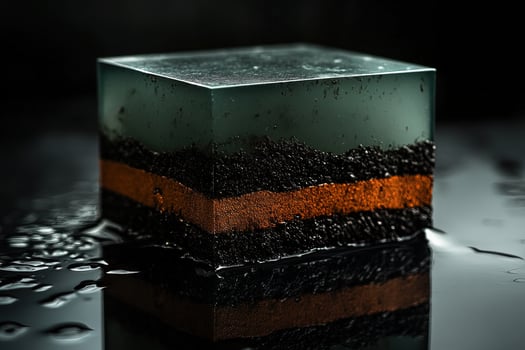 Square teal resin block showcases black granular layers with distinct orange division on wet surface photo