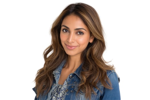 Attractive woman smiling portrait on white background casual style photo
