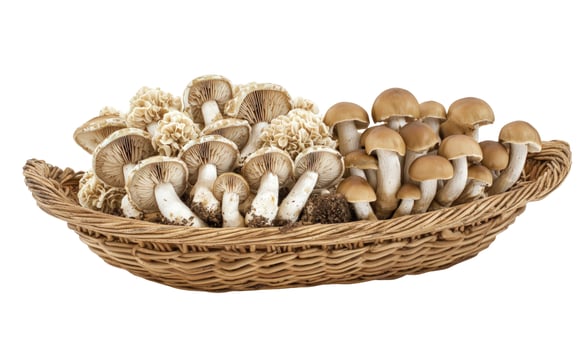 Assorted edible mushrooms in wicker basket natural food ingredients photo