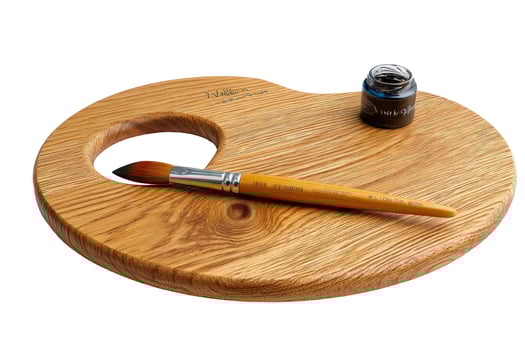 Artist wood palette with brush and ink creative tool for painting and drawing photo