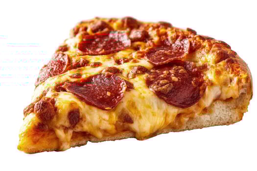 Appetizing pizza slice with cured meat and melted cheese on white background studio shot photo
