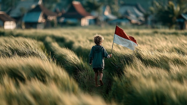 Child waving Indonesian flag in field photo