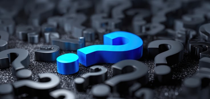 The Blue Question Mark Surrounded by Black Symbols of Inquiry and Exploration. photo